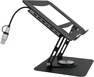 Support Ordinateur Portable, Support PC Ergonomique Rotatif 360°, Réglable en Hauteur, Ultra Stable, Pliable avec Hub USB 6-en-1 (USB 3.0, SD, TF, Audio) – Laptop Stand Compatible PC & MacBook 10-17