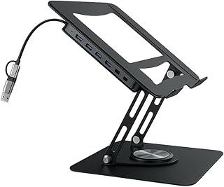 Support Ordinateur Portable, Support PC Ergonomique Rotatif 360°, Réglable en Hauteur, Ultra Stable, Pliable avec Hub USB 6-en-1 (USB 3.0, SD, TF, Audio) – Laptop Stand Compatible PC & MacBook 10-17